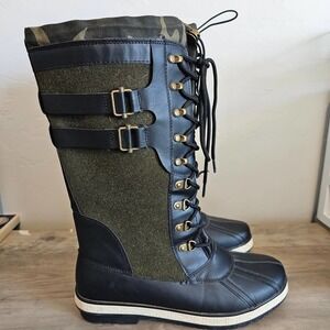 Shoedazzle Esabell Rain Boots Womens Size 9 Black Lace Up Camouflage Mid Calf